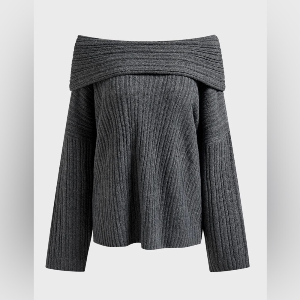 Off-the-Shoulder Ribbed Sweater - Gray - Picture 2 of 8